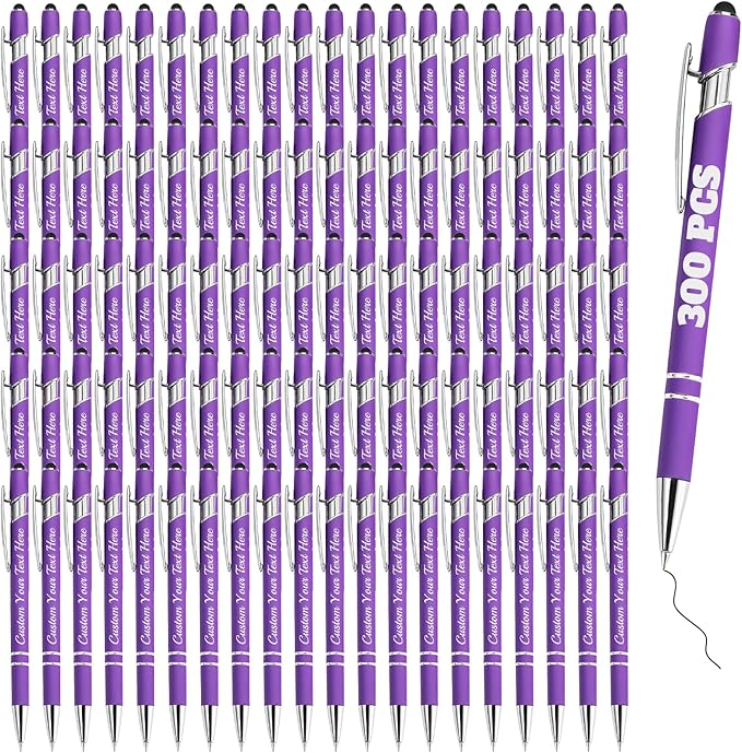 Personalized Pens Bulk 300 with Name Custom Engraving Ballpoint Pens with Stylus Tip Customized Smooth Writing Pens Personalized Gifts for Anniversary Birthday or Graduation(Purlpe,Black Ink)