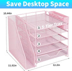 Gugsey Desk Organizer, 5-Tier Paper Letter Tray Organizer with File Holder, Drawer and Pen Holder, Desktop Organizer for Office Supplies, Pink