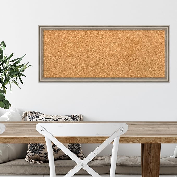 Amanti Art Natural Cork Board for Wall, 14x32 Vision Board with Silver Wood Frame, Medium Corkboard Office Decor for Home Organization, Casual Corkboard Pinboard to display items for home organization