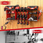 Power Tool Organizer Wall Mount with Charging Station, Heavy Duty Metal Cordless Drill Holder, Garage Tool Storage Battery Rack with 8 Outlet, Gift for Men Husband Dad Birthday Anniversary Red