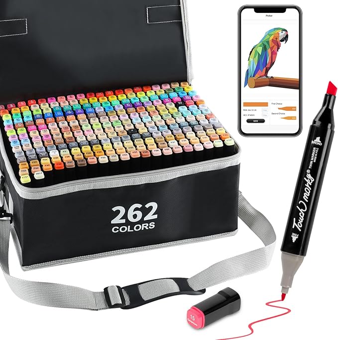 262 Colors Alcohol Markers with Free App, Chisel Tip and Fine Tip, Dual Tip Alcohol-Based Marker set for Artist Adults, Art Markers for Painting, Coloring, Sketching and Drawing,Great Gift Idea