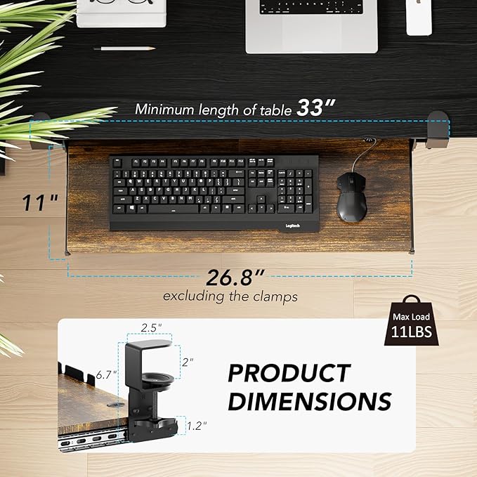 Keyboard Tray Under Desk Pull Out with Extra Sturdy C Clamp Mount System, 27.3 (32.5 inch Including Clamps) x 11 Inch Slide-Out Platform Computer Drawer for Typing Vintage AX01WG02