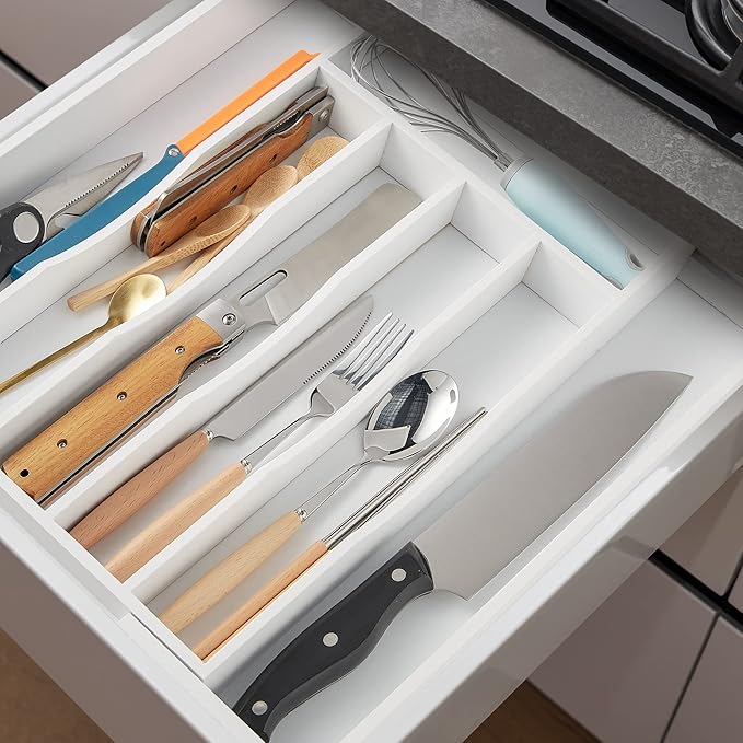 oridom 2-Piece Expandable Bamboo Kitchen Drawer Organizer for Cutlery and Utensils, Adjustable Bamboo Wood Cutlery Tray in Drawer for Flatware and Silverware in Kitchen, (White)