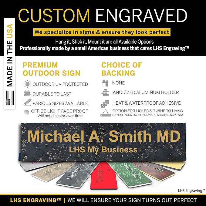 Personalized Name Plate with Choice of Mounting Holders for Walls, Doors, Cubicles, Hanging and More - Custom Charocaol Marble Plastic Gold Letters - USA Made 2x6 - S6