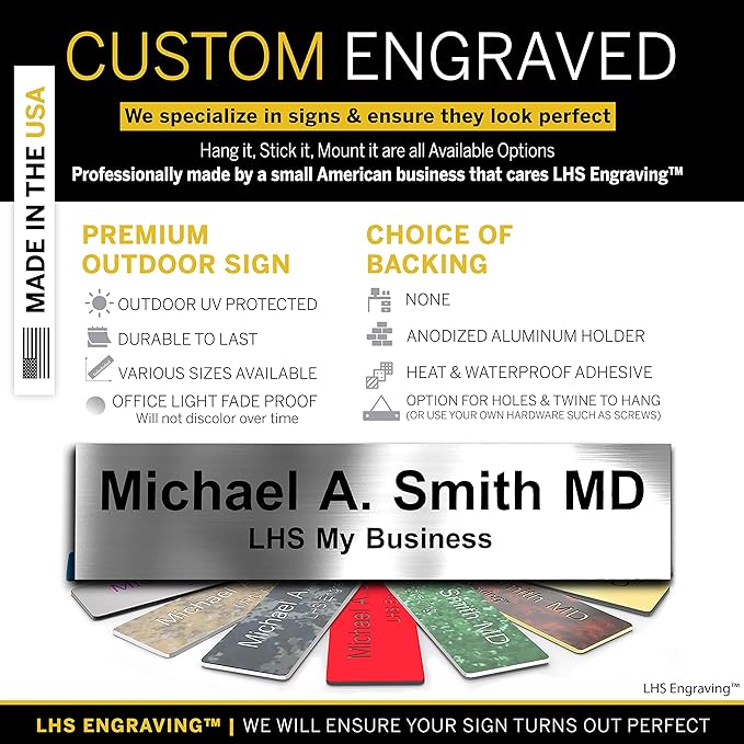 Custom Name Plate for Doors, with Choice of Mounting Holders for Walls, Doors, Cubicles, Hanging and More - Personalized Brushed Silver Plastic Black Letters - USA Made 2x6 - M1
