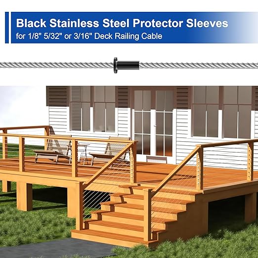 BLIKA 50 Pack Black Stainless Steel Protector Sleeves for 1/8" 5/32" or 3/16" Deck Cable Railing, for Wood/Composite Posts, T316 Marine Grade, Black Cable Railing Protector Sleeves