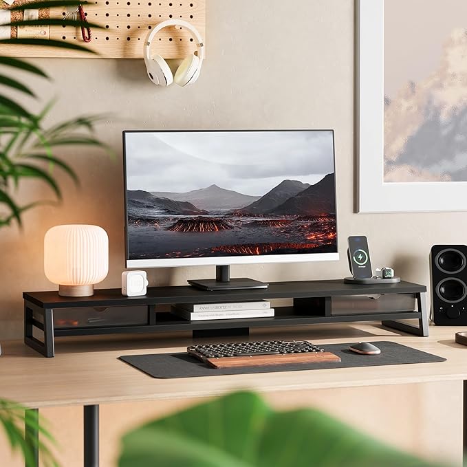 Fenge Dual Monitor Stand, Monitor Riser with Drawer, 42.5 Inch Large Computer Monitor Stand for 2 Monitors, 2 Tier Wooden Desk Shelf for Top of Desk