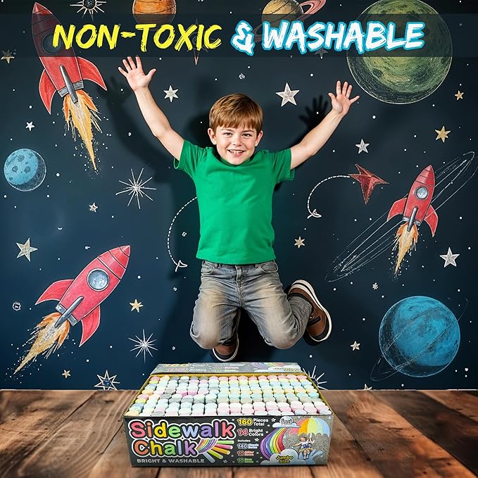 160 PCS Sidewalk Chalk for Kids - 14 Colors, 10 Glitter, 10 Neon Non-Toxic Washable Jumbo Chalks - Bulk Set of Outdoor Paint for Kids and Toddlers - Chalkboard Toys - Big Bucket Chalk for Party