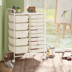 HAPPYGRILL 15-Drawer Rolling Cart, Storage Carts with Removable Drawers & Steel Frame, Utility Cart on Lockable Wheels for Home, School, Office (Ivory)