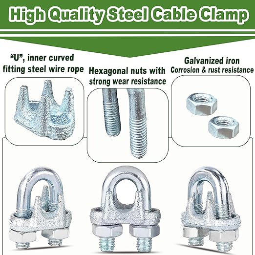 30PCS 3/8" M10 Zinc-Plated Wire Rope Clamps – Heavy Duty U-Bolt Cable Clips (Silver)