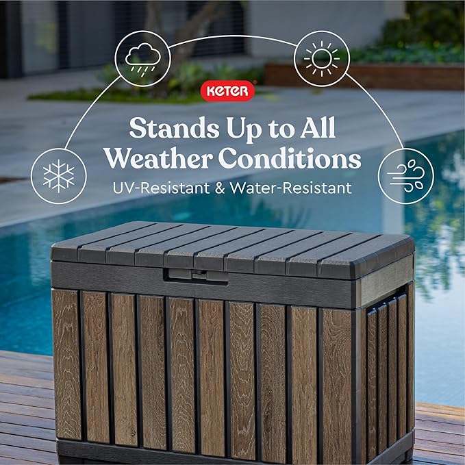 Keter Signature Everwood 50 Gallon Resin Outdoor Storage Box and Patio Furniture Side Table for Pool and Garden Accessories, Walnut