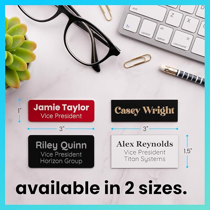 ExcelMark Custom Name Tag - Engraved Name Badge with Pin or Magnetic Backing, 16 Colors, 6 Fonts, and 2 Sizes to Choose from (Black w/Silver Letters, 1.5"x 3")