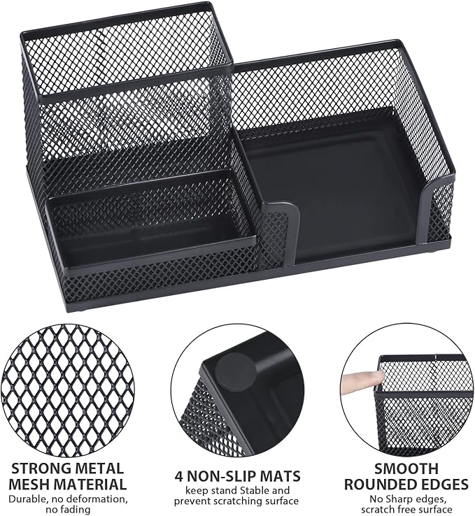 2 Pieces Pen Holder for Desk Mesh Metal Pencil Holders Pen Cup Marker Holder Desk Caddy with Sticky Notes Holder Pen Organizer for Office Supplies Workspace School Home Black