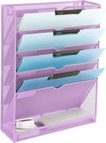 EASEPRES 6 Tier Mesh Hanging Wall File Organizer, Desk Vertical Mail Paper Document Folder Holder Rack with Bottom Tray and Nametag Label for Office Home School, Light Purple