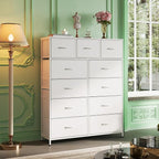 WLIVE Tall Dresser for Bedroom, Fabric Dressers Storage Tower, Dresser & Chest of Drawers Organizer Unit with 11 Drawers, Storage Cabinet, Hallway, Closets, Steel Frame, Wood Top, White