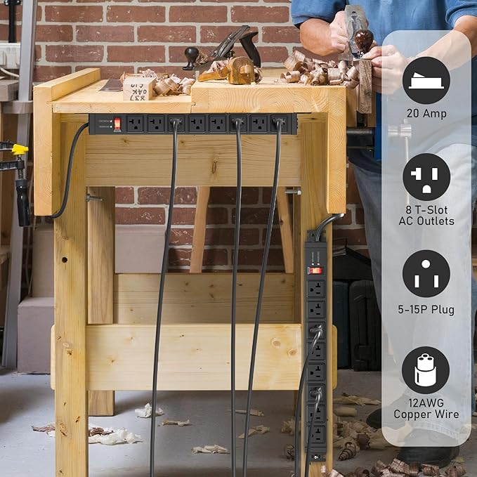 JUNNUJ 20 Amp Power Strip Heavy Duty 2 Pack, 4800J Surge Protector Metal Power Bar Multi Angle Mount, 20A Garage 8 Outlet Shop 6-20R T-Slot, 5-15P Adapter 12 Gauge Extension Cord 10ft for Appliance