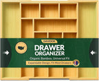 DAVIDOK Expandable Bamboo Drawer Organizer for Kitchen - 8 to 10 Slots Large Silverware Organizer for Utensils, Cutlery, Flatware & Kitchen Gadgets | Multiple Use, Non-Slip Feet Included