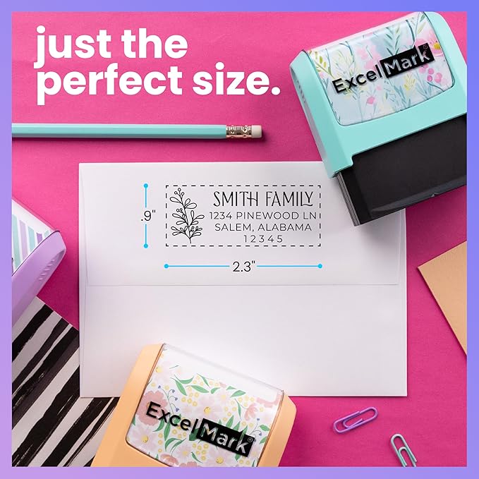 ExcelMark Address Stamp - Custom Return Address Stamp with Elegant Designs, Vibrant Colors & Patterns – Perfect for Mail, Invitations & Gifts (Violet Mount, Foliage Edge)