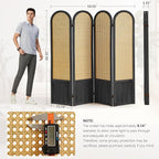 Asnefeli Room Divider 4 Panels, Folding Privacy Screen, Foldable Wood Rattan Room Divider Panel, Portable Partition Screen, Wall Divider for Room Separation Bedroom Home Office Garden Terrace (Black)