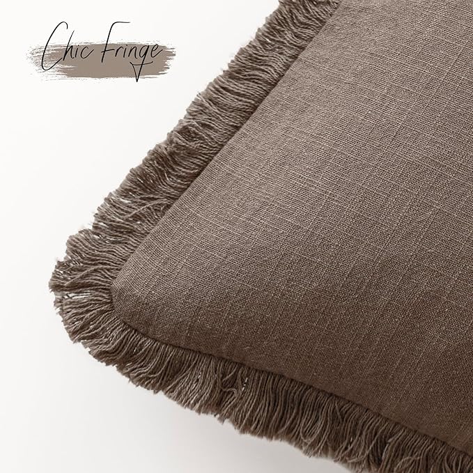 Foindtower Set of 2 Decorative Linen Fringe Throw Pillow Covers Cozy Farmhouse Cushion Cover with Tassels Accent Pillowcase for Couch Chair Sofa Bed Living Room Home Decor,22×22 Inch,Light Coffee