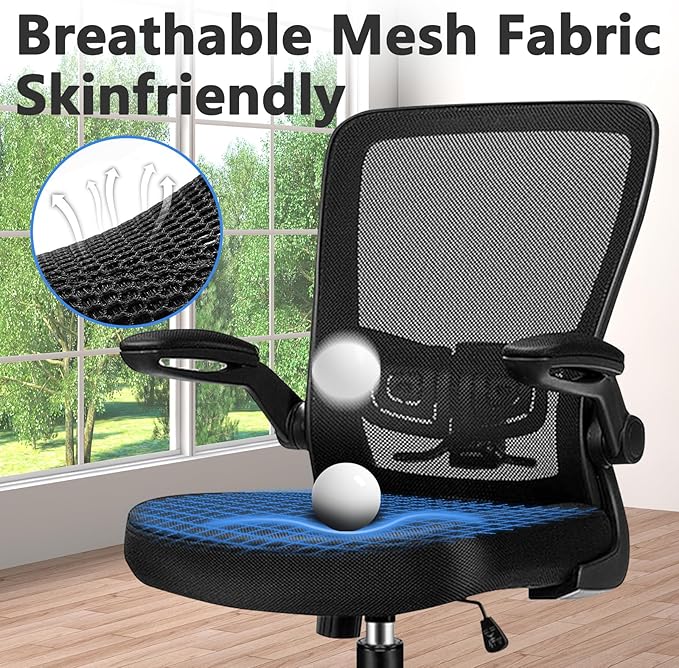Desk Chairs with Wheels, Ergonomic Mesh Office Chair Adjustable Height and Swivel Lumbar Support Home Office Chair with Flip Up Armrests (1PK)