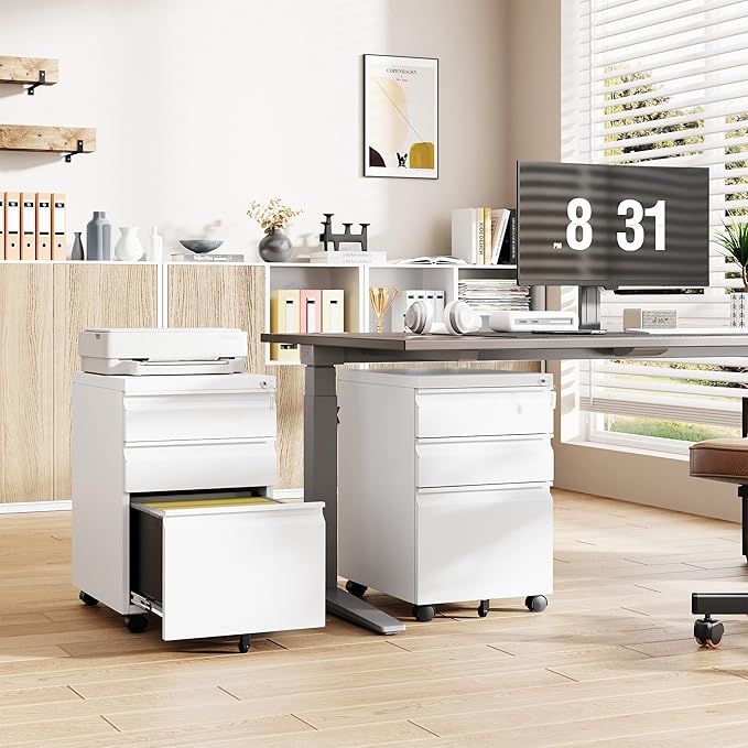 3 Drawer Mobile File Cabinet with Lock,Under Desk Storage Cabinet for Home Office,Vertical Filing Cabinet Fits A4 or Letter Size(Unassembled,White)