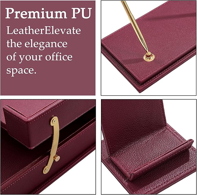 RitPin Desk Set，11-Piece Leather Desk Organizer Set, Executive Office Accessories with Desk Pad & Blotter, 2-Tier Tray, Pen Holder & More, Professional Office Desk Decor & Gift Set (Burgundy)