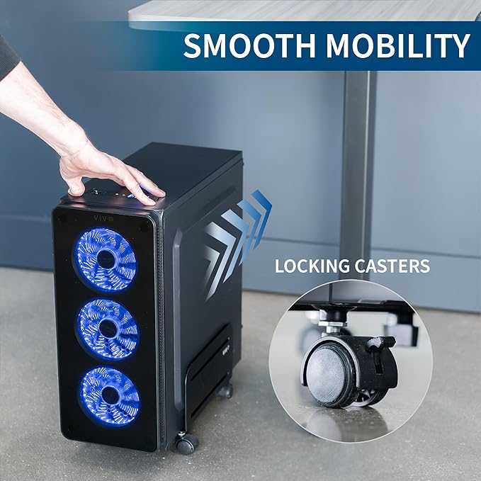 VIVO Computer Mid-Tower Case, CPU Steel Rolling Stand, Adjustable Mobile Cart Holder with Locking Caster Wheels, Black, CART-PC01