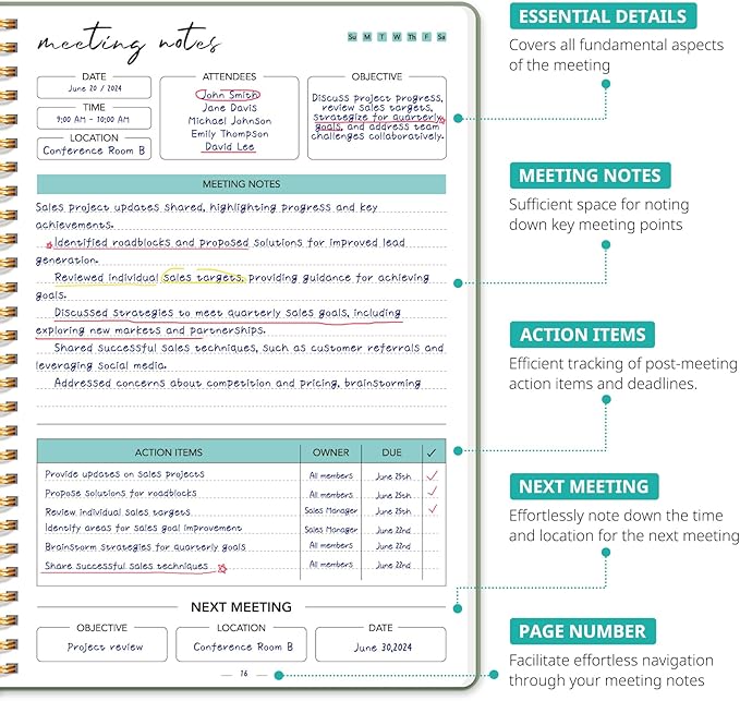 6 Pack of Meeting Notebook for Work Organization - Work notebook with action items, Meeting Minutes Planner Notebook, Perfect Office Supplies for Men & Women - Multi