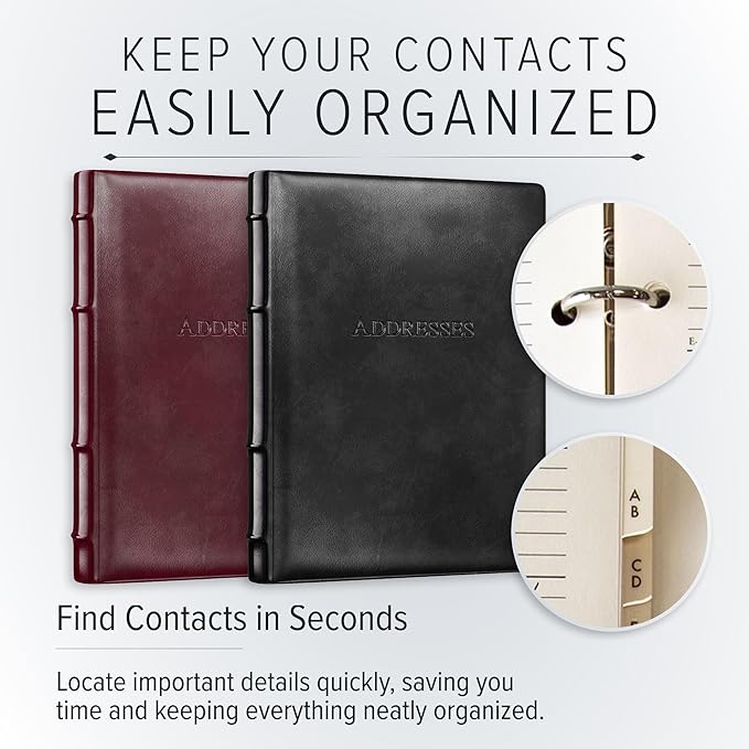 Gallery Leather Large Address Book with Alphabetical Tabs up to 480 Records, Leather Notebook Hardcover, Telephone and Address Books - 9x7", Desk Address, Camden Red