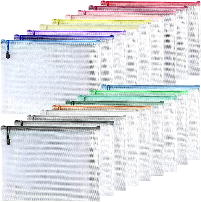 Oaimyy-18PCS-7 x 11" Mesh Zipper Pouch, Plastic Zip File Folders Puzzle Bags Large Reusable Zipper Pouches for Organizing Classroom Board Game Organization,Home Storage-(Multicolor)