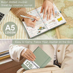 AHGXG Bullet Dotted Journal - Dot Grid Notebook Journal, 120 GSM Thick Acid-Free Paper, A5 Dotted Notebook 160 Pages, Leather Hardcover, Inner Pocket, Journal Stencil, 5.7'' × 8.3'' - Sage Green