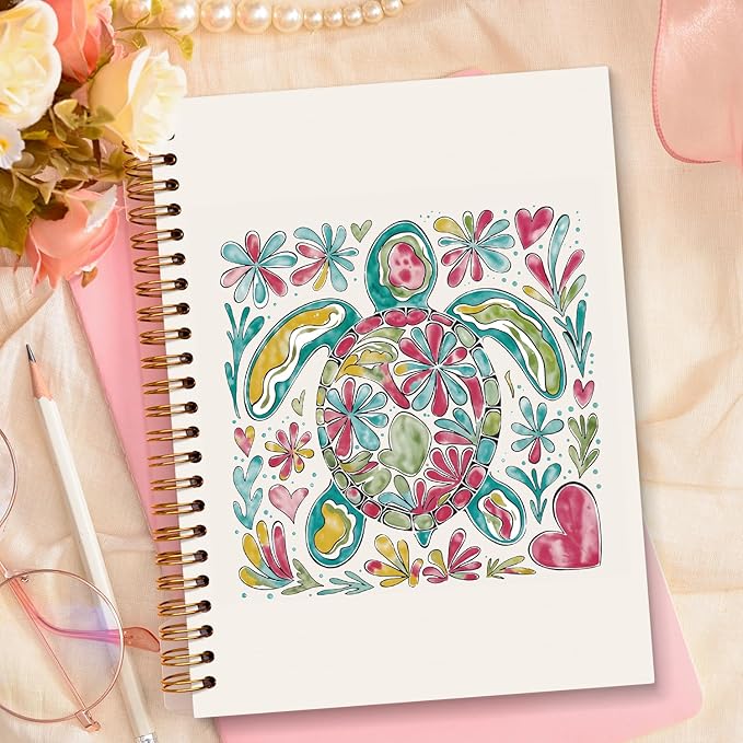 JXREQ Cute Floral Sea Turtle Notebook Ocean Beach Journal Gifts for Women Note Taking Bible Notes Writing, Gifts for Turtles Lovers, Pretty Spiral Notebooks 5.5x8.3