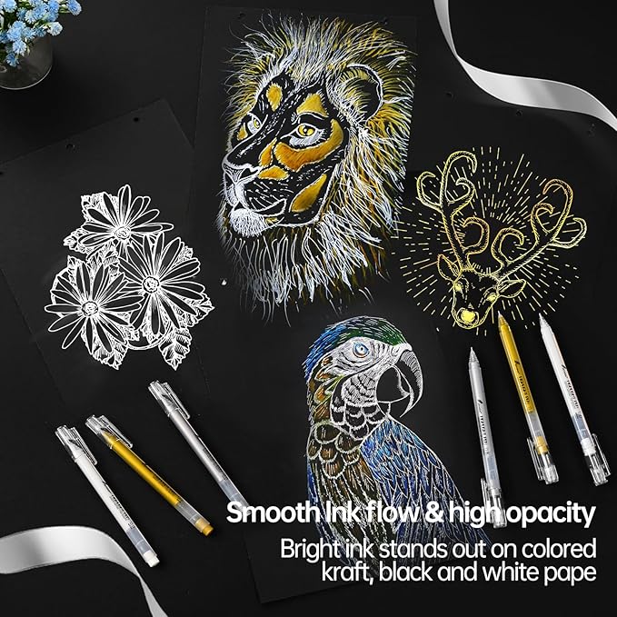 3 Colors 0.6mm Extra Fine Point Gel Pen Set – White, Gold & Silver Gel Ink Pens for Artists Drawing on Black Paper, Sketching, Bullet Journaling & Holiday Crafts