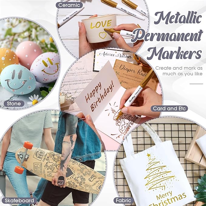 12 Pcs Metallic Permanent Markers Bulk Gold Silver Metallic Pens Fine Point Paint Markers for DIY Crafts Gift Card Making Artist Illustration(Gold Silver Copper)