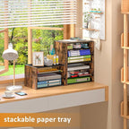 3-Tier Paper Letter Tray, Wooden Desk File Organizer, Stackable Metal Mesh Desk Organizer for Office Supplies. Small Paper Trays for Home Office School, Rustic Brown