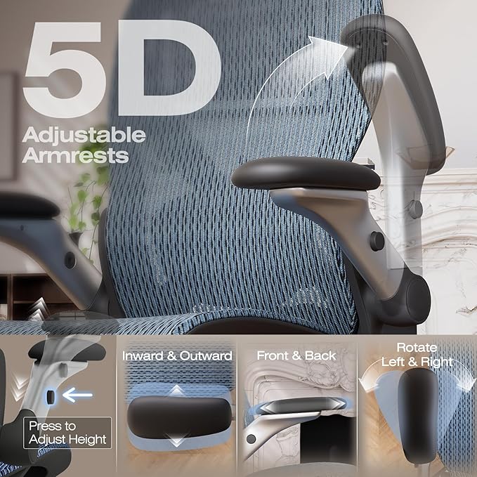 ELABEST X100 Ergonomic Office Chair with Footrest, Big and Tall Home Desk Chair with 5D Flip-Up Arms, Adjustable 8D Lumbar Support,High Back Rolling Computer Chair, Swivel Mesh Chairs (Oaxaca Blue)