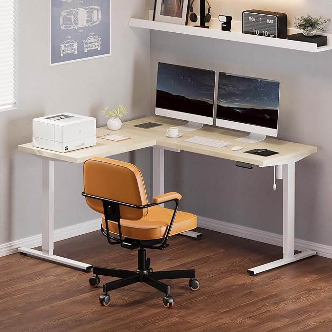 FLEXISPOT L Shaped Standing Desk, 63 x 55 Inch Electric Height Adjustable Corner Desk, Sit Stand Computer Workstation, Preset Controller, Home Office, White Frame with Maple Top