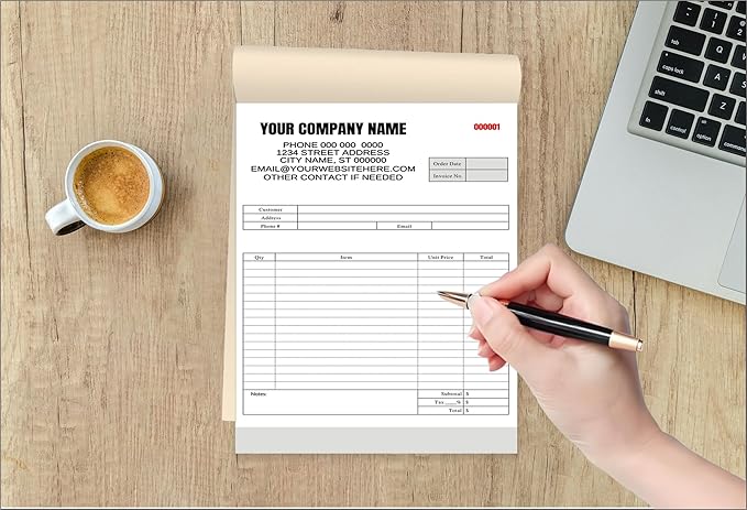 Custom Carbonless Invoice Book with Logo, Personalized Cover & Inner Pages, 2 Part NCR Receipt & Work Order Forms, Easy Tear, Writing Shield for Small Business (2-Part [White/Yellow], 8.3 x 5.5INCH)