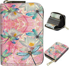 BWEGRHE Cute Credit Card Holder with Zipper, Pink Dragonfly RFID-Blocking Card Case Small Wallet for Women Men, Multi-slot Card Organizer Case Travel Accordion Wallet