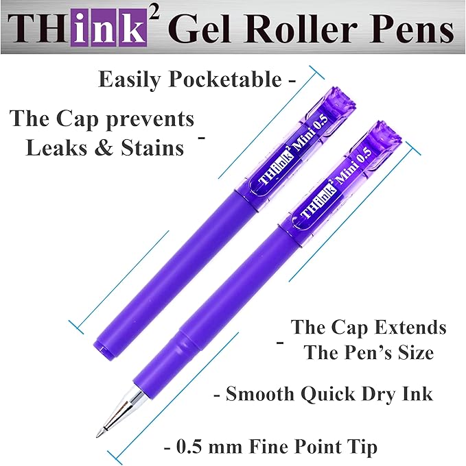 THINK2MASTER [24 Pens - Purple Ink Think2 0.5mm Pocketable Mini Gel Pens. (24 Purple) Fine Point Small Rollerball Pens with Smooth Quick Drying Ink.