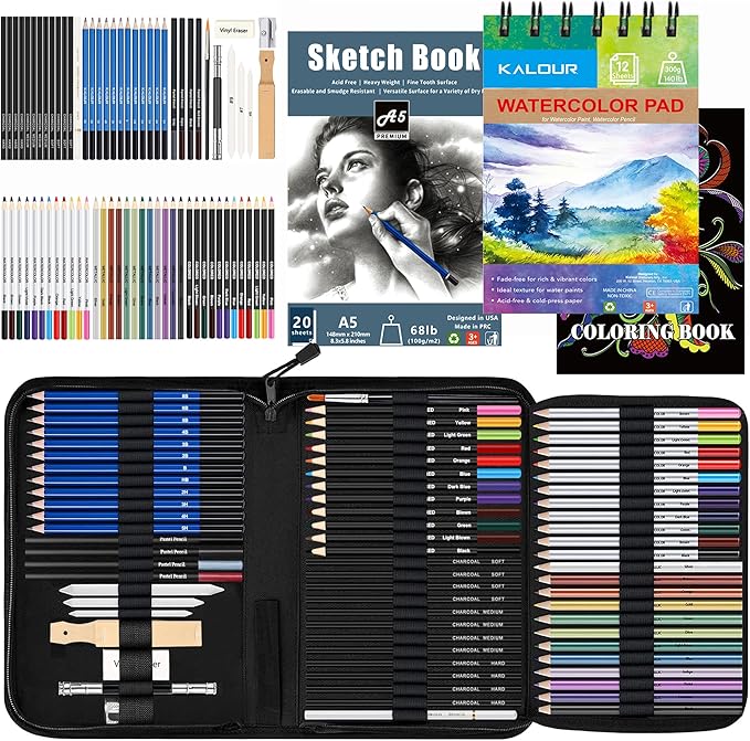 KALOUR 76pc Art Supply Set - Sketching & Drawing Kit with Tutorial Book, Sketchbook & Paper - Pencils, Pastels, Watercolors for Beginner Artists