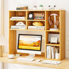 Tangkula Desktop Bookshelf, 37" Countertop Storage Hutch with 7 Cubes & 3 Adjustable Shelves, 3-Tier Desk Display Rack Organizer, Multipurpose Wood Desktop Hutch for Dorm Home Office (Burlywood)