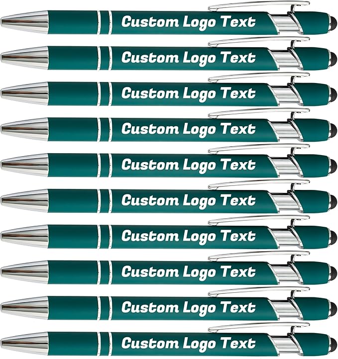 HEYZARDA Personalized Pens with Name Text Logo Custom Ballpoint Pen for Business Office Events with Stylus for Touchscreen 100 Pcs Dark Green