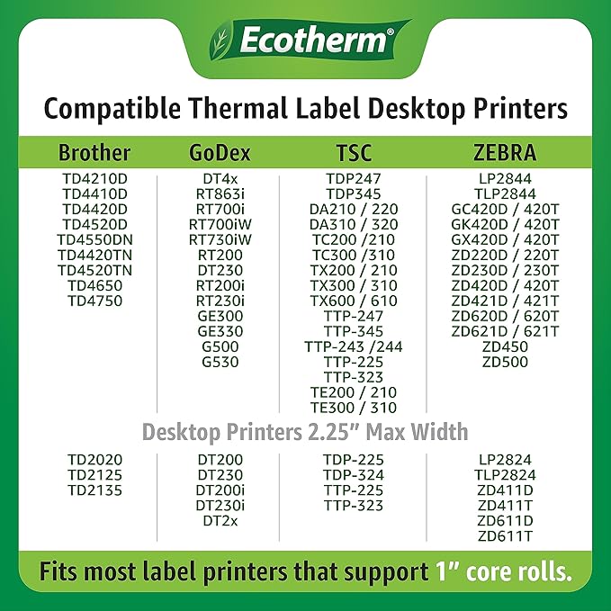 3" x 1" Thermal Labels | 4 Rolls | 5240 Labels | fits Zebra, Munbyn, Rollo, Godex, Arkscan, iDPRT, Offnova Thermal Label Printers and More | Blank White Adhesive Stickers by Ecotherm