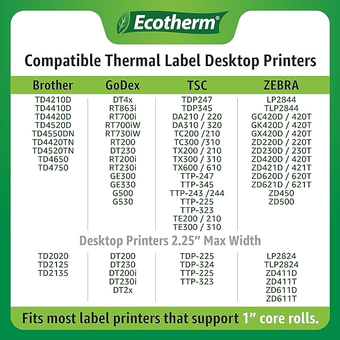 1.5" x 1" Thermal Labels | 6 Rolls | 11400 Labels | fits Zebra, Godex, Arkscan, iDPRT, Offnova Thermal Label Printers and More | Blank White Adhesive Stickers by Ecotherm