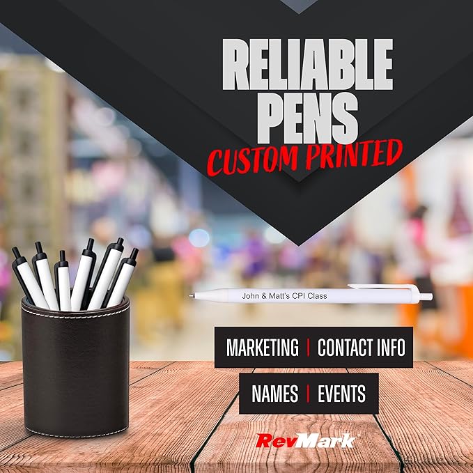 RevMark Personalized Ballpoint Pen, Custom Printed Name, Business or Event Information, Timeless Advertising, USA Made Pens, Promotional Marketing, Smooth Black Ink, Bulk Pack (White,1000 Ct.)