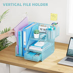 Marbrasse Desk Organizer and Accessories, 3-Tier File Organizer with Drawer and Pen Holder, Small Desktop Organizer and Storage for Workspace Office Supplies Blue