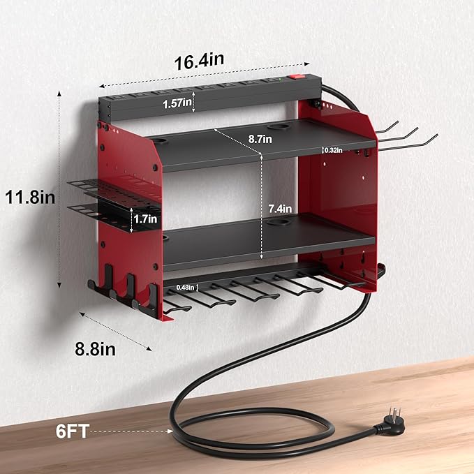 Power Tool Organizer Wall Mount with Charging Station, Garage Storage Rack for Cordless Drill, Tool Battery, Bit and Screwdriver, Utility Shelf with Power Strip and Hooks (3 Layer)