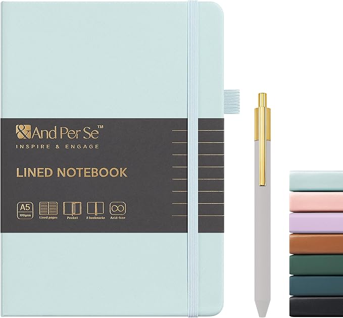 A5 Lined Leather Journal and Pen Set, Hardcover Notebook with Pen, 160 Pages 100gsm Thick Ruled Paper for Men Women, for Work, Business, School or Home Writing, 5.7'' x 8'' (Cyan-Set1)